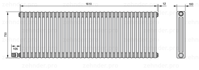 Схема (чертеж) Радиатор Zehnder Charleston 3075/35 №V004 Белый глянцевый RAL 9016